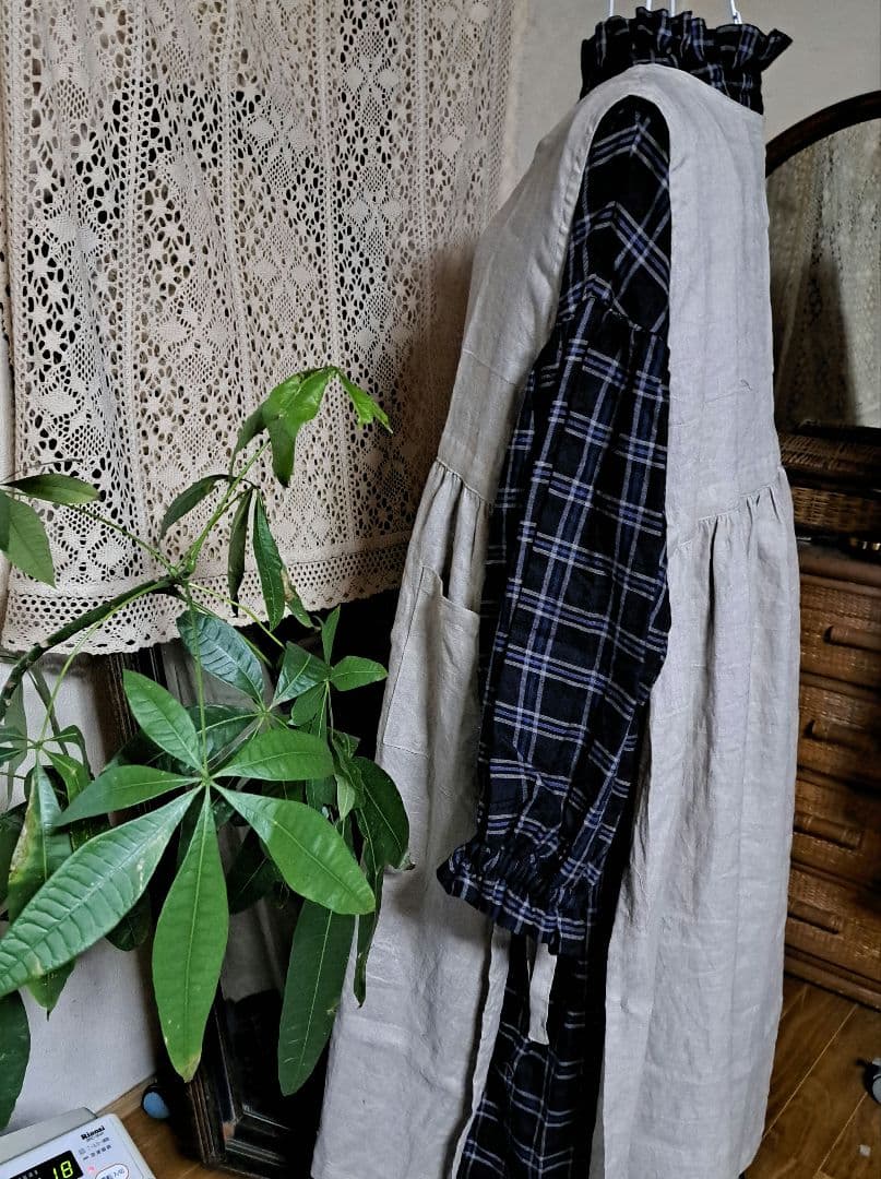 フレンチリネン両サイドリボン2wayギャザーエプロンドレス