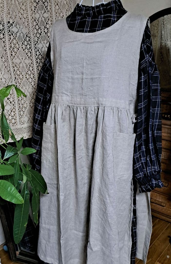 フレンチリネン両サイドリボン2wayギャザーエプロンドレス