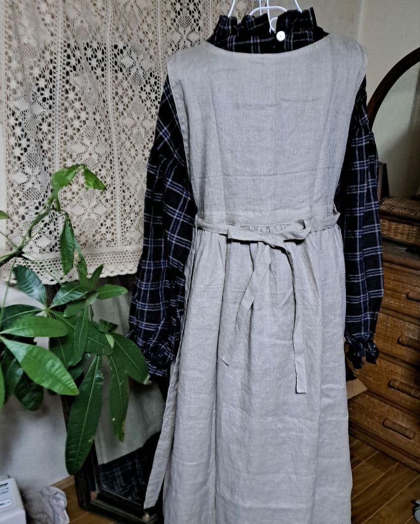 フレンチリネン両サイドリボン2wayギャザーエプロンドレス