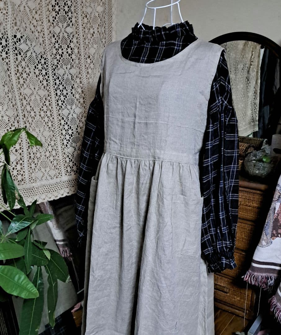 フレンチリネン両サイドリボン2wayギャザーエプロンドレス