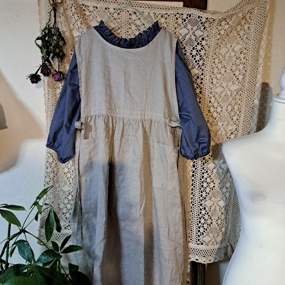 フレンチリネン両サイドリボン2wayギャザーエプロンドレス