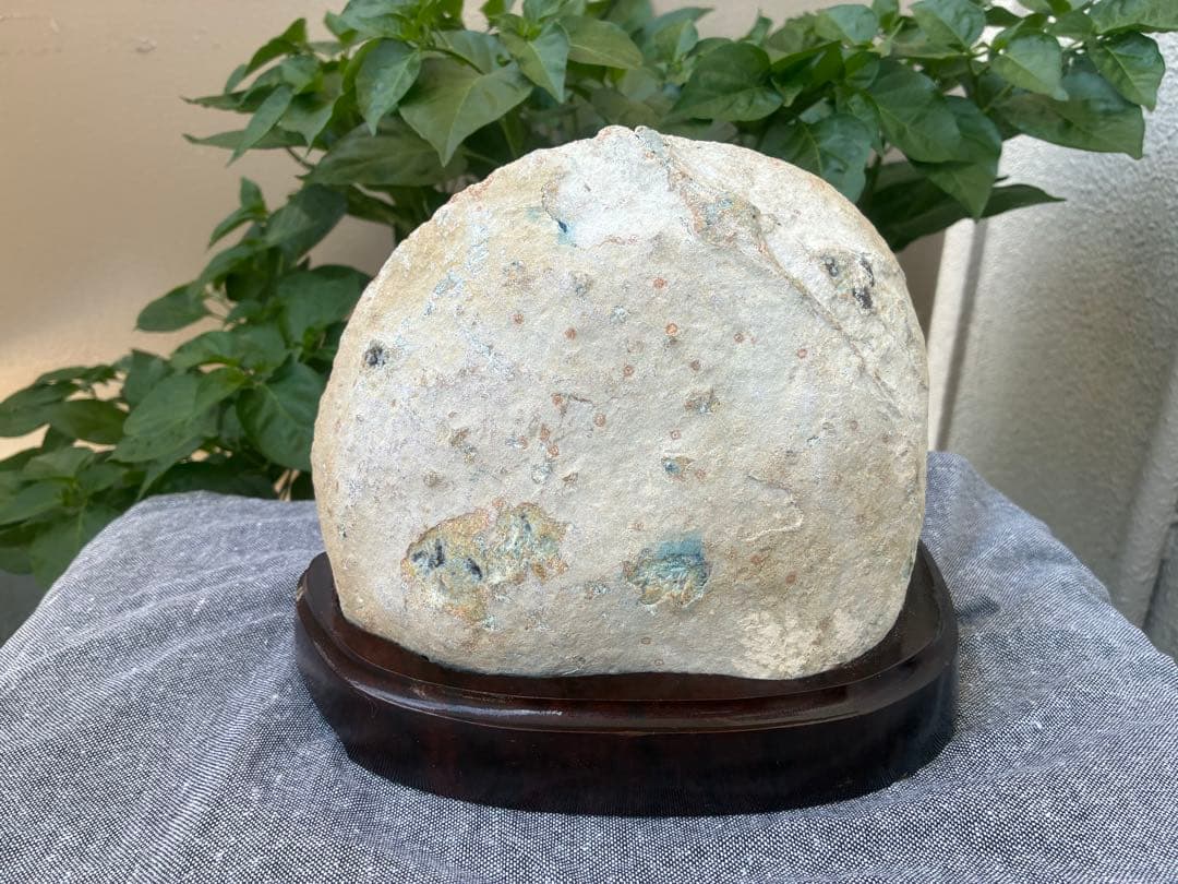 【天然石】ブルーアゲート ジオード 球状結晶 木製台座付き インテリア