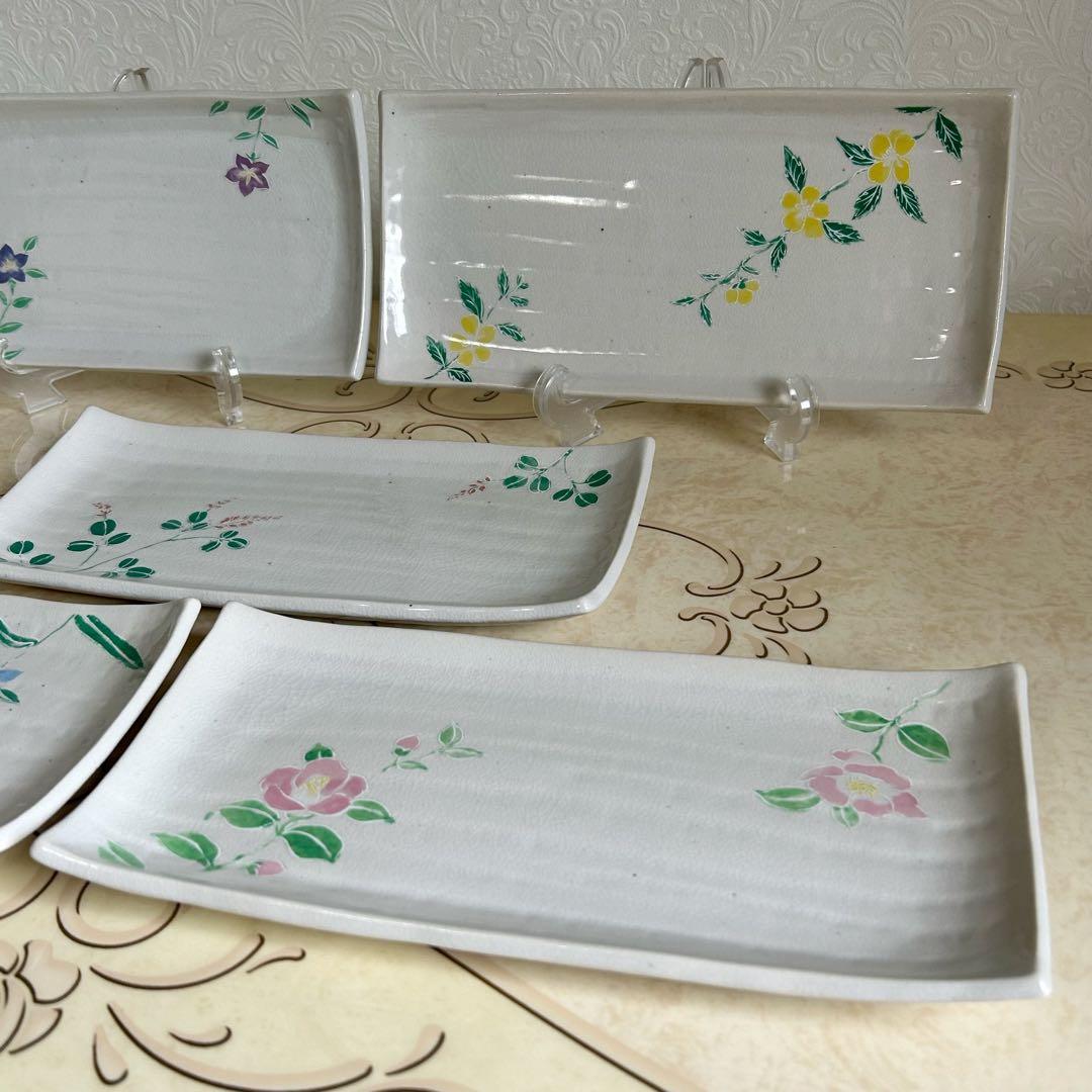 たち吉　絵変わり　花紋　長角皿揃　5枚セット　長皿　さんま皿　貫入陶器　土物　和