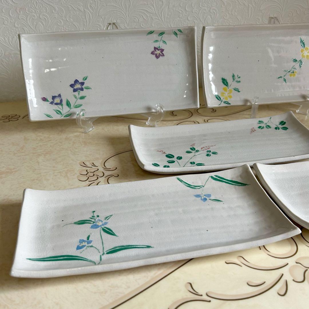 たち吉　絵変わり　花紋　長角皿揃　5枚セット　長皿　さんま皿　貫入陶器　土物　和