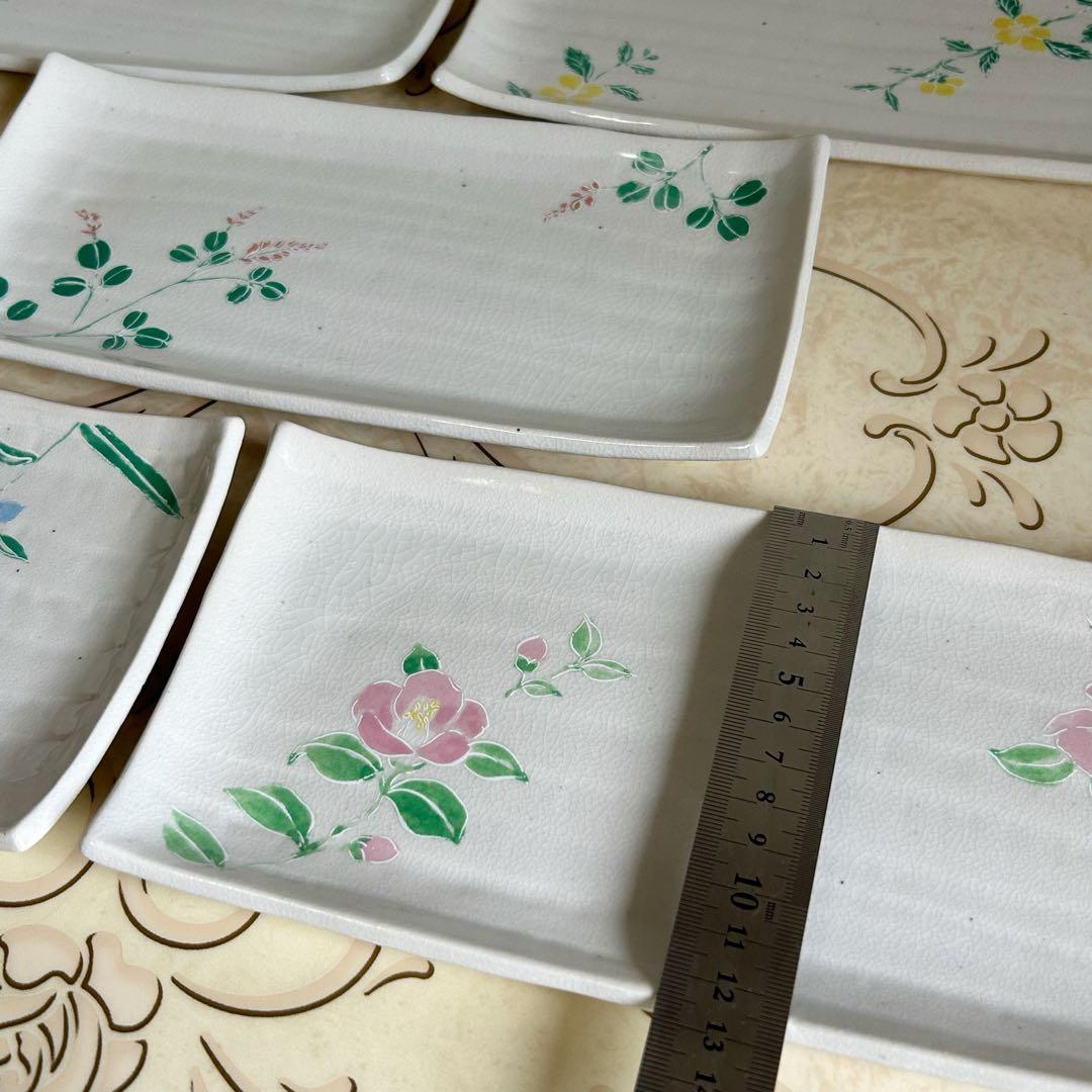 たち吉　絵変わり　花紋　長角皿揃　5枚セット　長皿　さんま皿　貫入陶器　土物　和