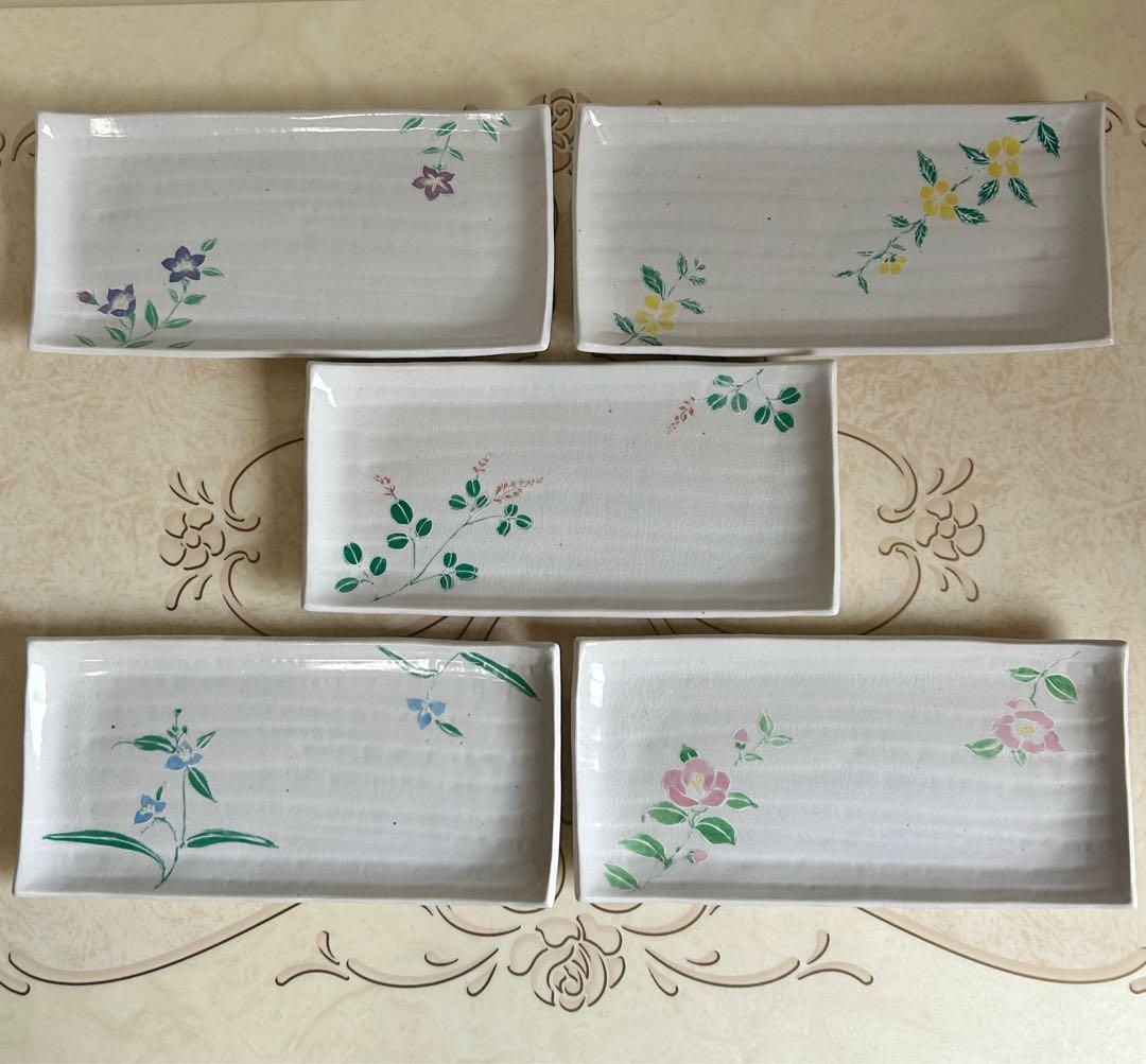 たち吉　絵変わり　花紋　長角皿揃　5枚セット　長皿　さんま皿　貫入陶器　土物　和