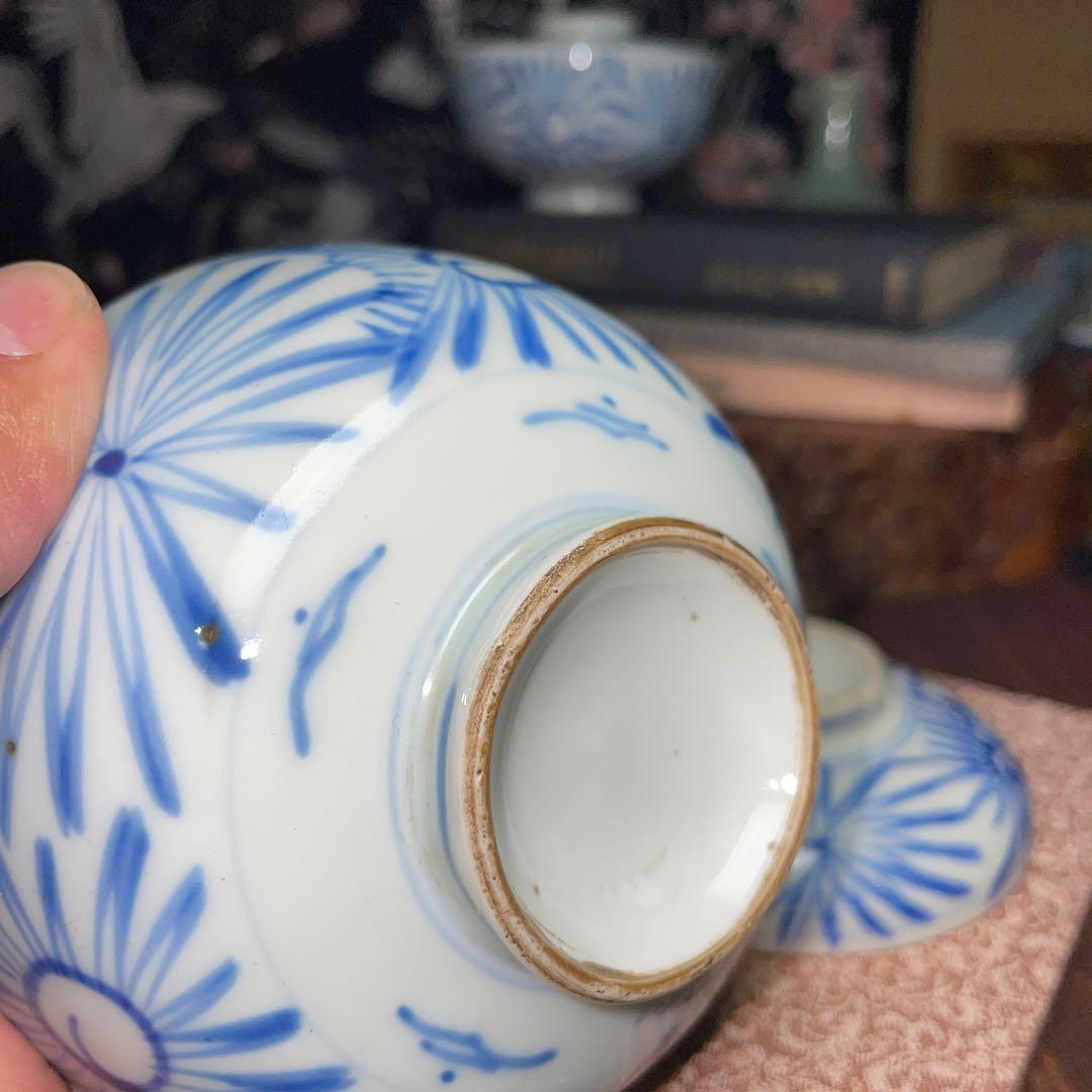 青い花模様 古伊万里　江戸　蓋付き 飯椀　染付け アンティーク 骨董 2枚