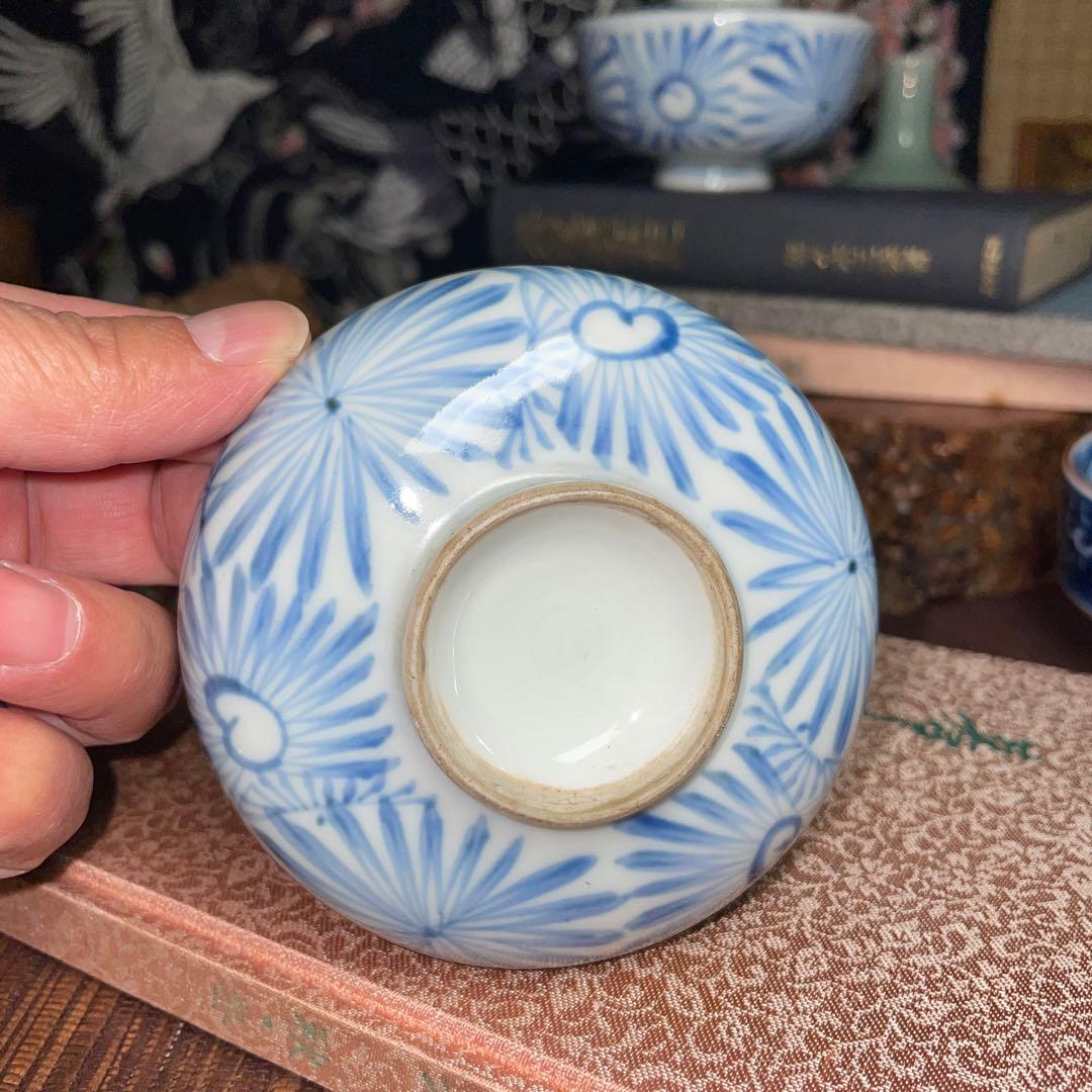 青い花模様 古伊万里　江戸　蓋付き 飯椀　染付け アンティーク 骨董 2枚