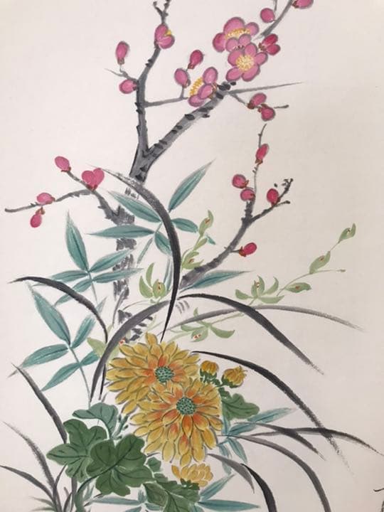 本格表装　掛け軸　梅、菊