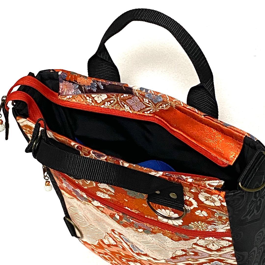 396 帯リメイク　鴛鴦（ おしどり ）と牡丹の赤いBOX型3wayバッグ