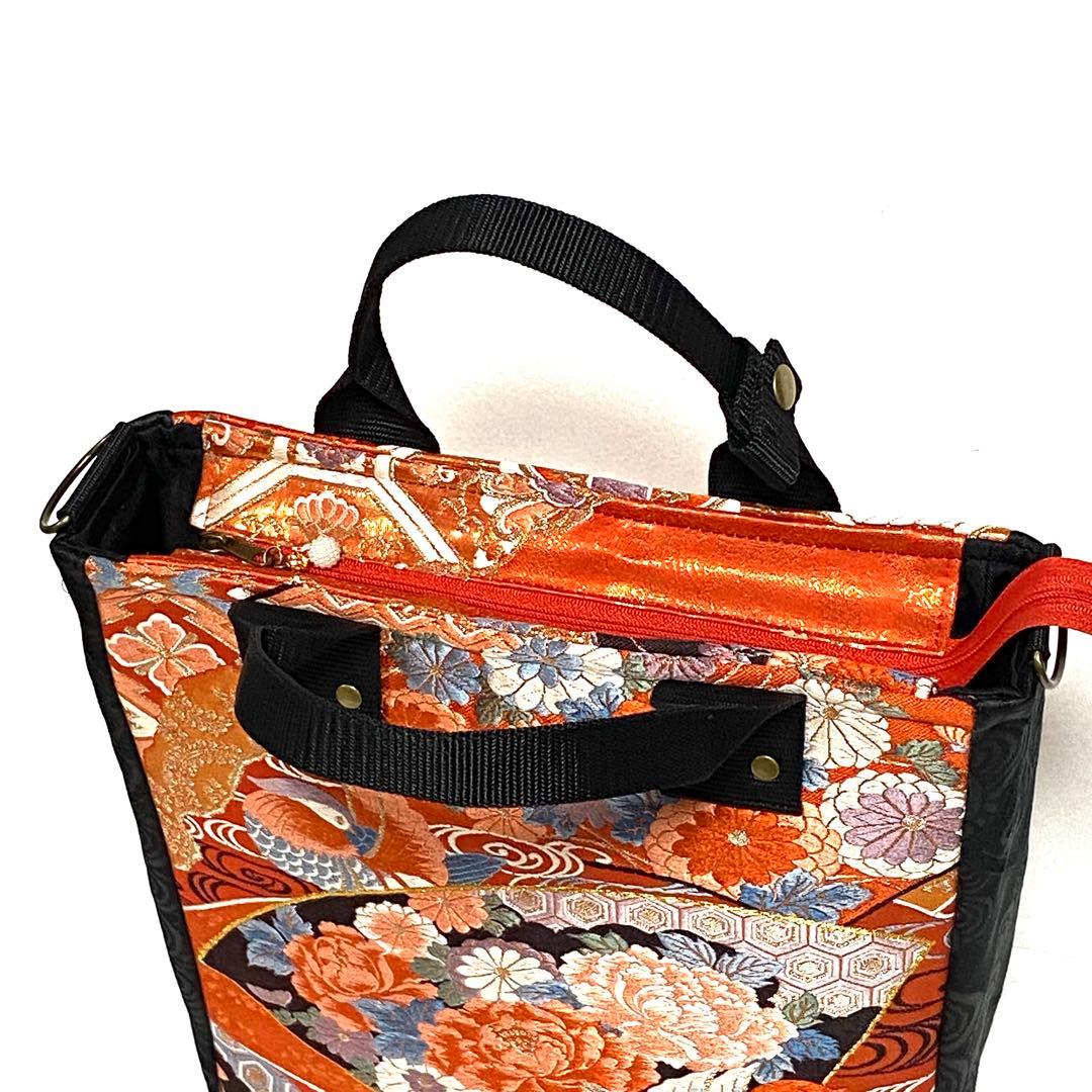 396 帯リメイク　鴛鴦（ おしどり ）と牡丹の赤いBOX型3wayバッグ
