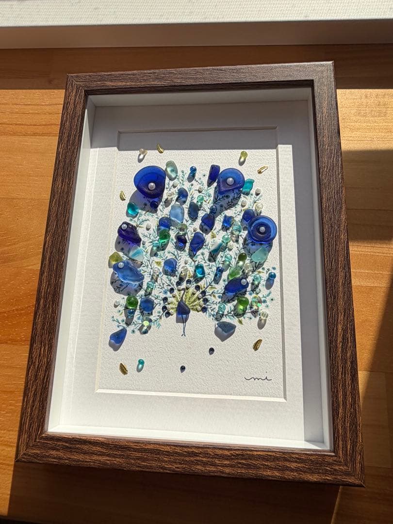 シーグラスアート　孔雀　umikara様　ハンドメイド　ブルー