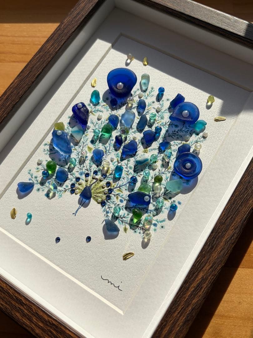 シーグラスアート　孔雀　umikara様　ハンドメイド　ブルー