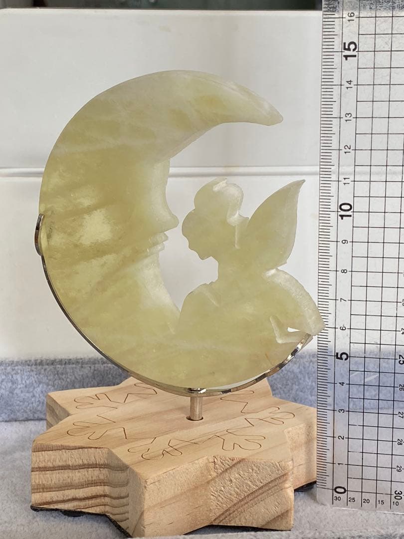 TZ468-2セール★虹入りシトリン月に乗った妖精回転台座セット天然石置物