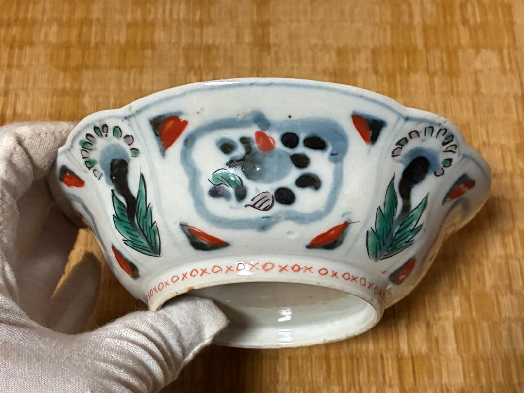 古伊万里 金彩 色絵 花と鳥の絵柄 変形皿 三枚 まとめて 時代物