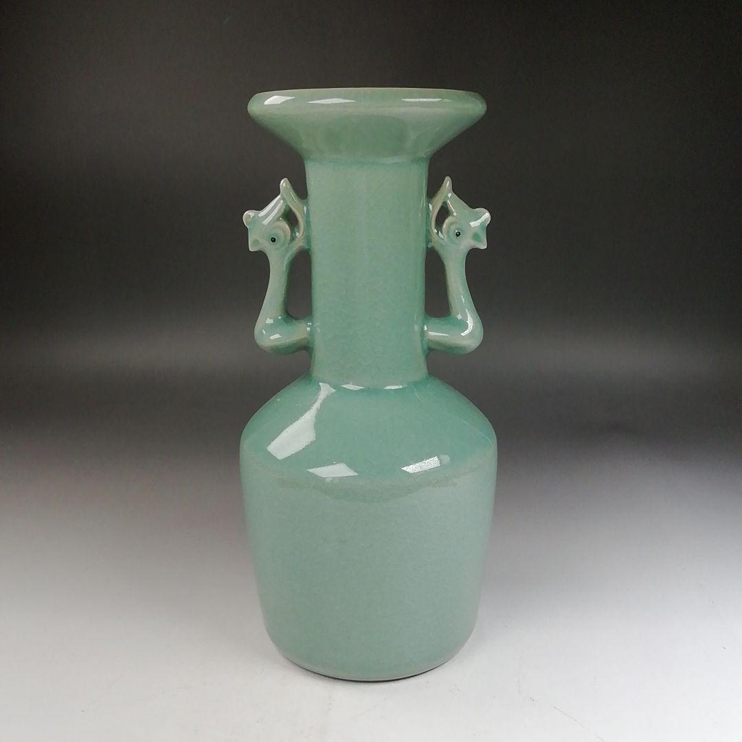 Ｗ３３４　花入　『鳳凰耳　花入』『高麗青磁』『如泉窯　李連休 作』　共箱　　花器