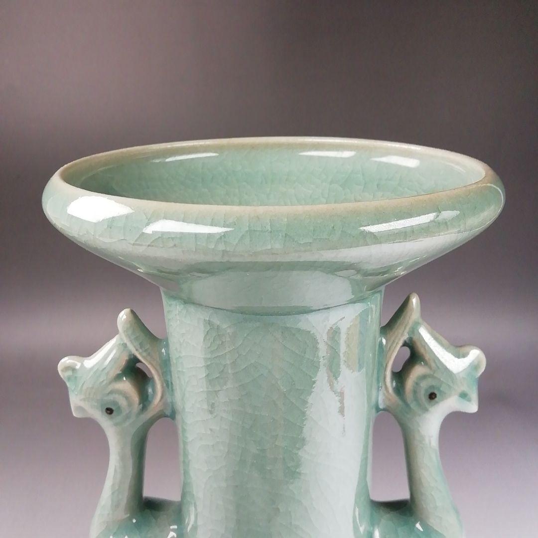 Ｗ３３４　花入　『鳳凰耳　花入』『高麗青磁』『如泉窯　李連休 作』　共箱　　花器