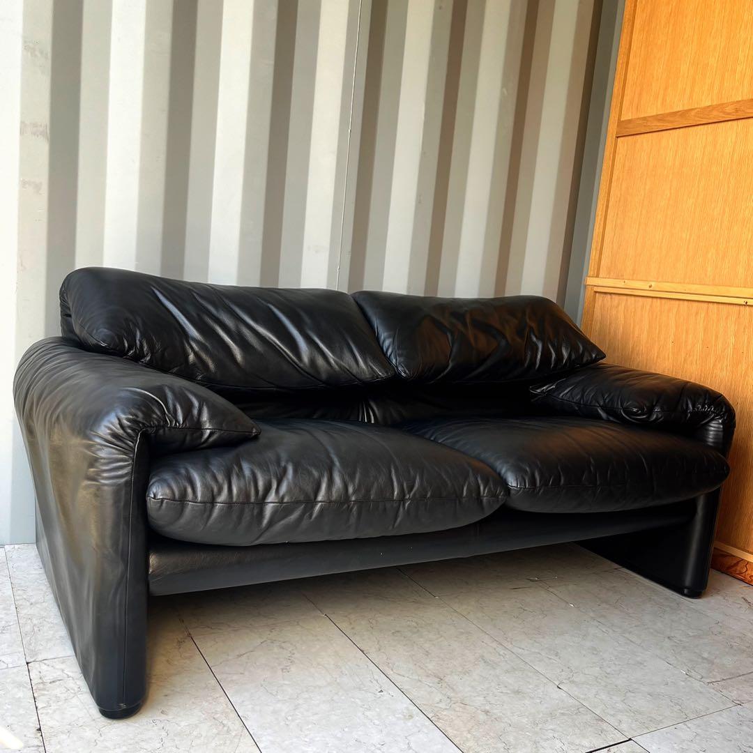 取付無料！カッシーナ マラルンガ 高級 おしゃれインテリア本革ブラック2Pソファ