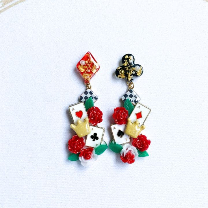 1.ダイヤ＆クラブ トランプと薔薇のピアス イヤリング サージカルステンレス