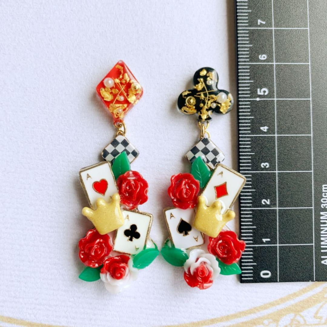 1.ダイヤ＆クラブ トランプと薔薇のピアス イヤリング サージカルステンレス