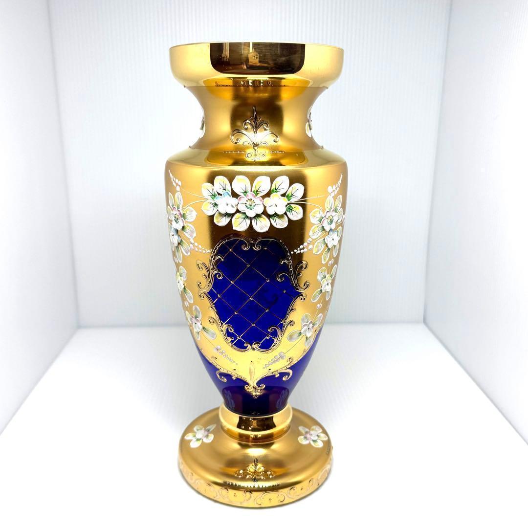 新品未使用 箱付き ボヘミアグラス ボヘミアンガラス 金彩 花瓶 フラワーベース