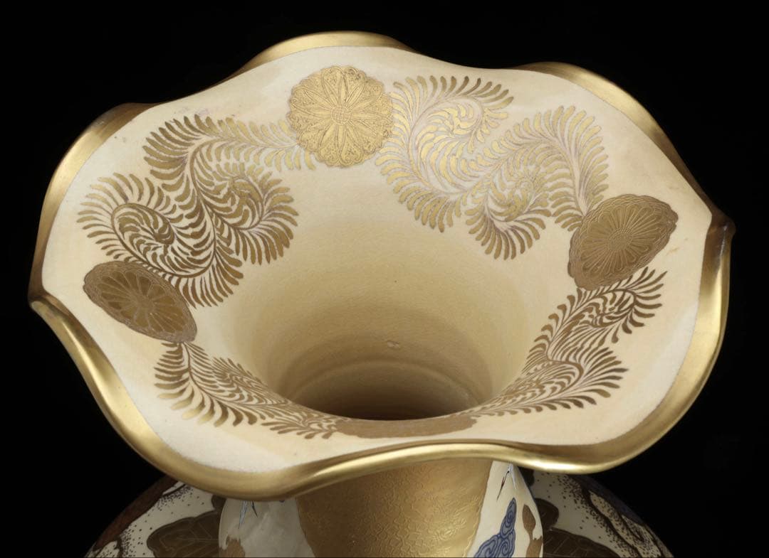 薩摩焼 京薩摩 金襴手 郡鶴鳳凰花鳥図 特大花瓶 80㎝ 大型飾壺 古美術 骨董