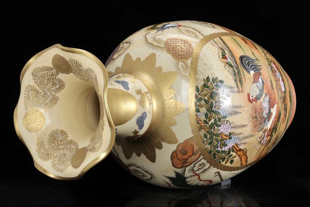 薩摩焼 京薩摩 金襴手 郡鶴鳳凰花鳥図 特大花瓶 80㎝ 大型飾壺 古美術 骨董