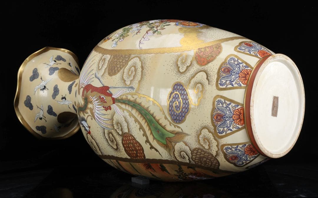 薩摩焼 京薩摩 金襴手 郡鶴鳳凰花鳥図 特大花瓶 80㎝ 大型飾壺 古美術 骨董