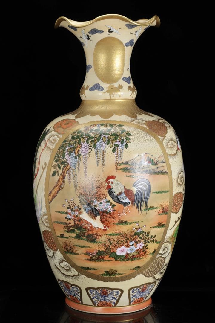 薩摩焼 京薩摩 金襴手 郡鶴鳳凰花鳥図 特大花瓶 80㎝ 大型飾壺 古美術 骨董