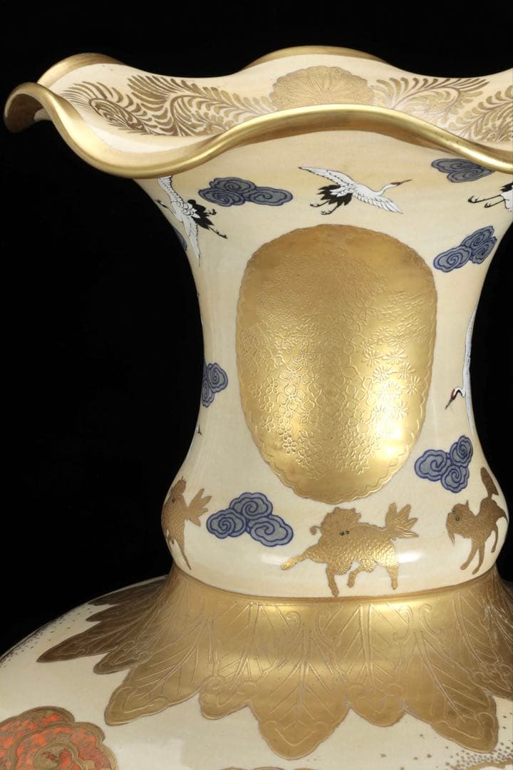 薩摩焼 京薩摩 金襴手 郡鶴鳳凰花鳥図 特大花瓶 80㎝ 大型飾壺 古美術 骨董