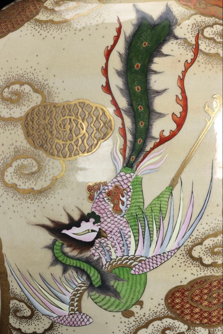 薩摩焼 京薩摩 金襴手 郡鶴鳳凰花鳥図 特大花瓶 80㎝ 大型飾壺 古美術 骨董