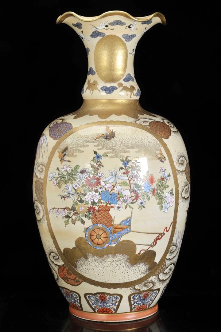 薩摩焼 京薩摩 金襴手 郡鶴鳳凰花鳥図 特大花瓶 80㎝ 大型飾壺 古美術 骨董