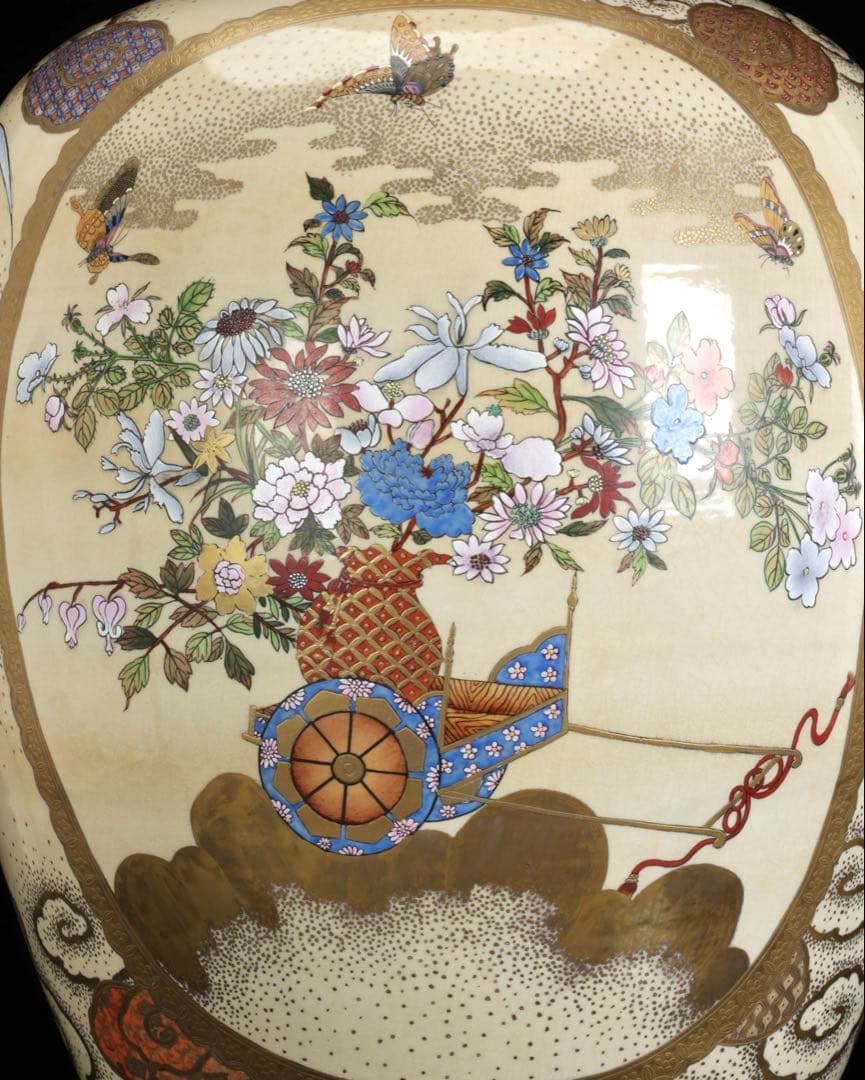 薩摩焼 京薩摩 金襴手 郡鶴鳳凰花鳥図 特大花瓶 80㎝ 大型飾壺 古美術 骨董