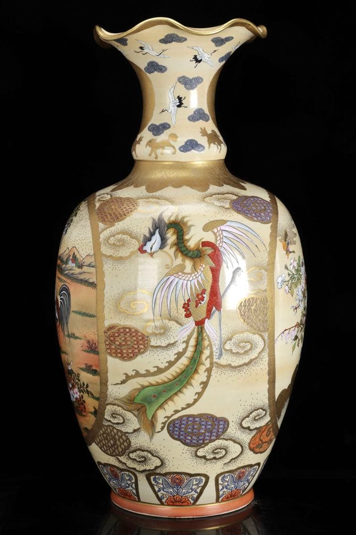 薩摩焼 京薩摩 金襴手 郡鶴鳳凰花鳥図 特大花瓶 80㎝ 大型飾壺 古美術 骨董