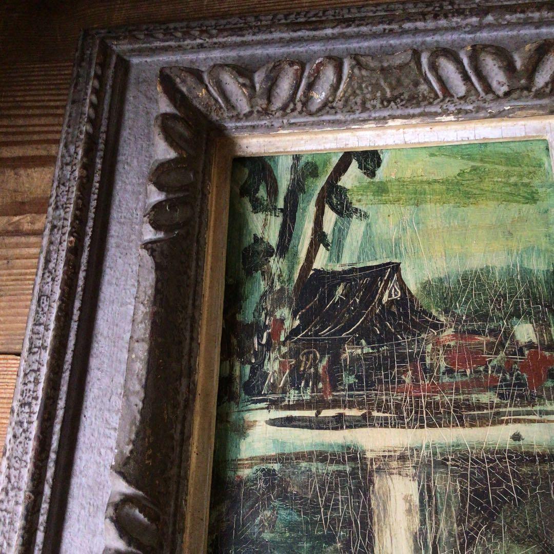 No3336額装　幸形栄治　風景画　板に油彩　1955年作　直筆サイン　送料無料