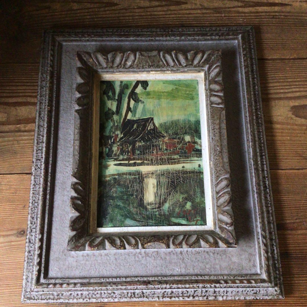 No3336額装　幸形栄治　風景画　板に油彩　1955年作　直筆サイン　送料無料