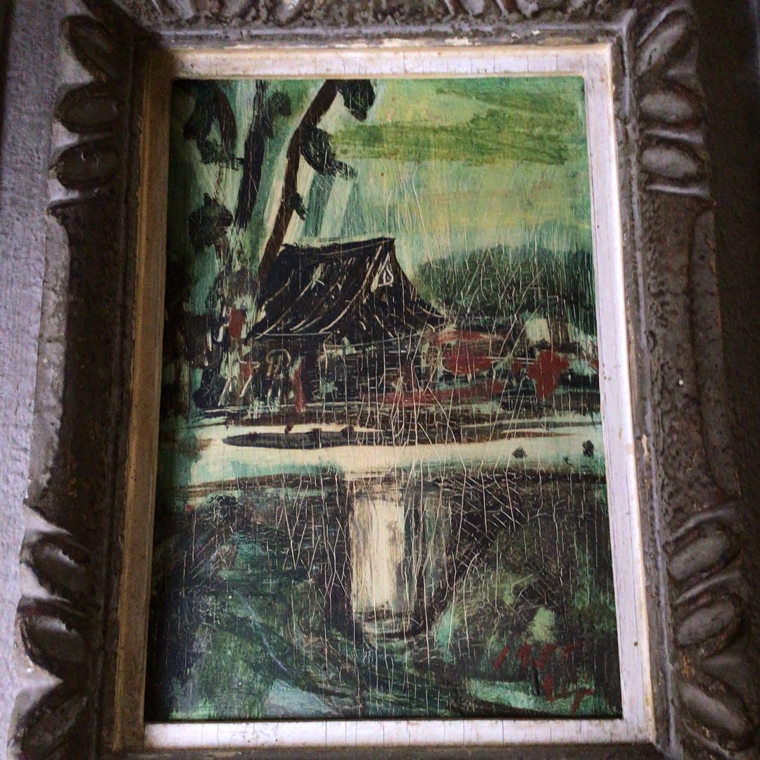 No3336額装　幸形栄治　風景画　板に油彩　1955年作　直筆サイン　送料無料