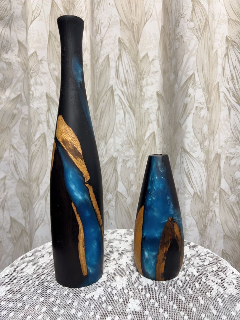 天然胡桃の木とレジン（樹脂）融合美、木製アートお茶盤プレートと花瓶3点セット