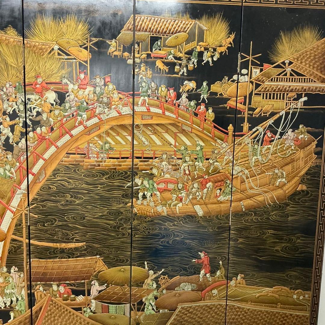 河上明清 中国屏風 清明上河図 モチーフ アンティーク 年代物 間仕切 屏風