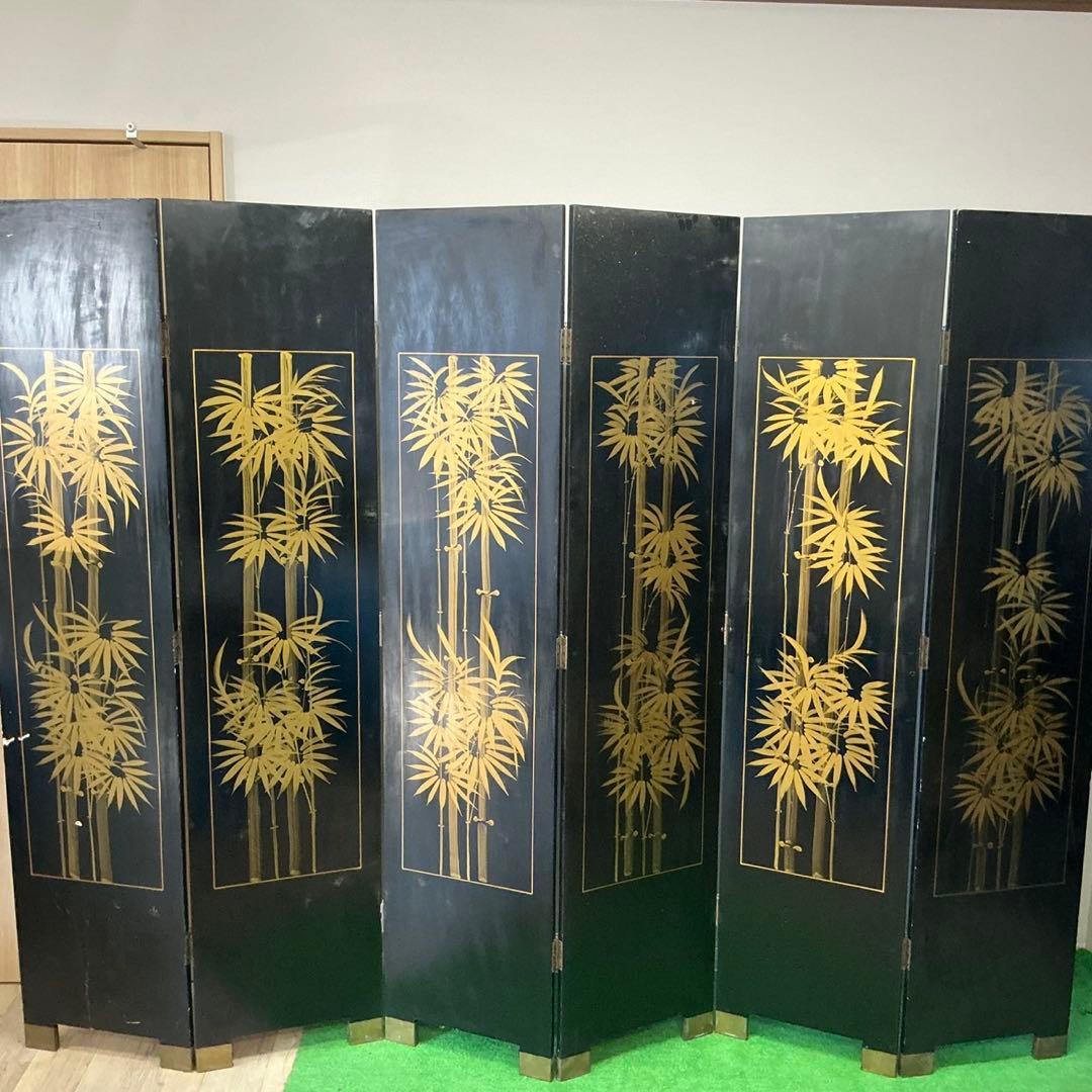 河上明清 中国屏風 清明上河図 モチーフ アンティーク 年代物 間仕切 屏風