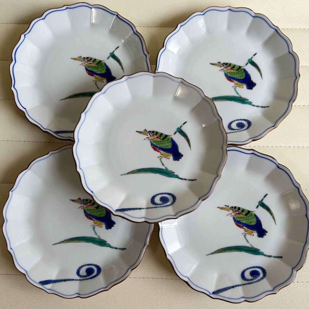 九谷焼　泰山窯　銘々皿揃　5枚セット　白磁　花鳥　色絵　輪花皿　菊割皿　取り皿