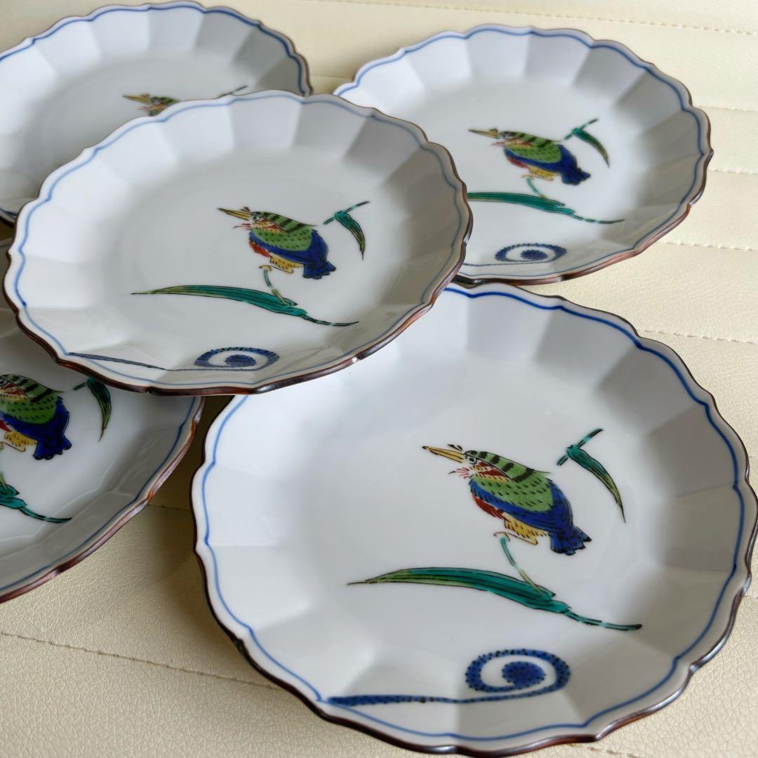九谷焼　泰山窯　銘々皿揃　5枚セット　白磁　花鳥　色絵　輪花皿　菊割皿　取り皿