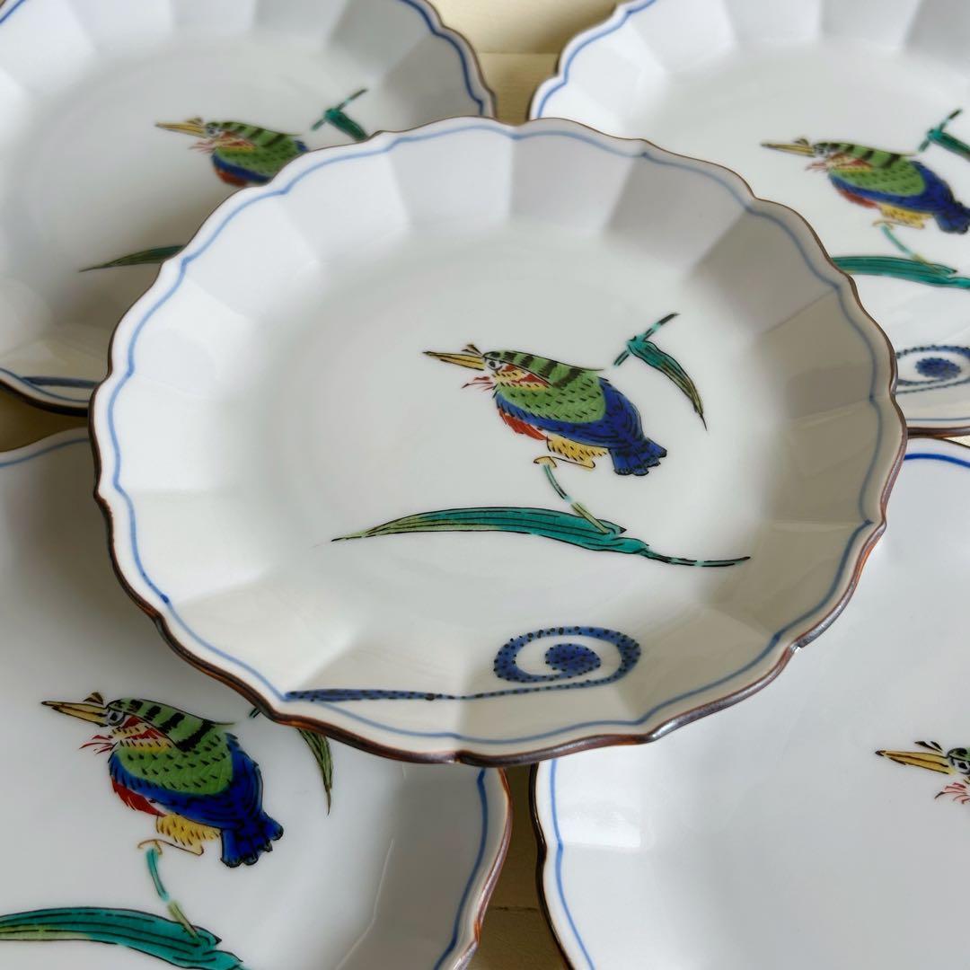 九谷焼　泰山窯　銘々皿揃　5枚セット　白磁　花鳥　色絵　輪花皿　菊割皿　取り皿