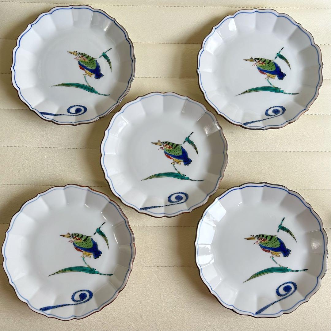 九谷焼　泰山窯　銘々皿揃　5枚セット　白磁　花鳥　色絵　輪花皿　菊割皿　取り皿