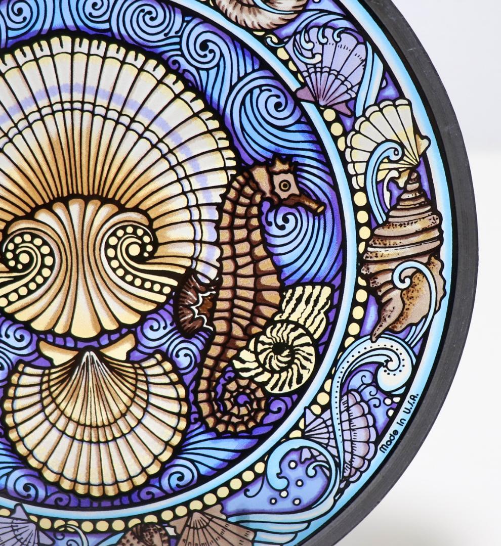 タツノオトシゴと貝殻 ヴィンテージ ステンドグラス 青 グラスマスターズ社 海