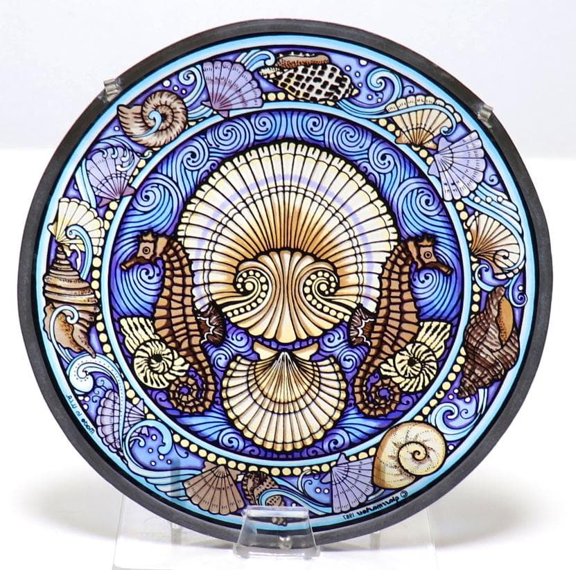 タツノオトシゴと貝殻 ヴィンテージ ステンドグラス 青 グラスマスターズ社 海