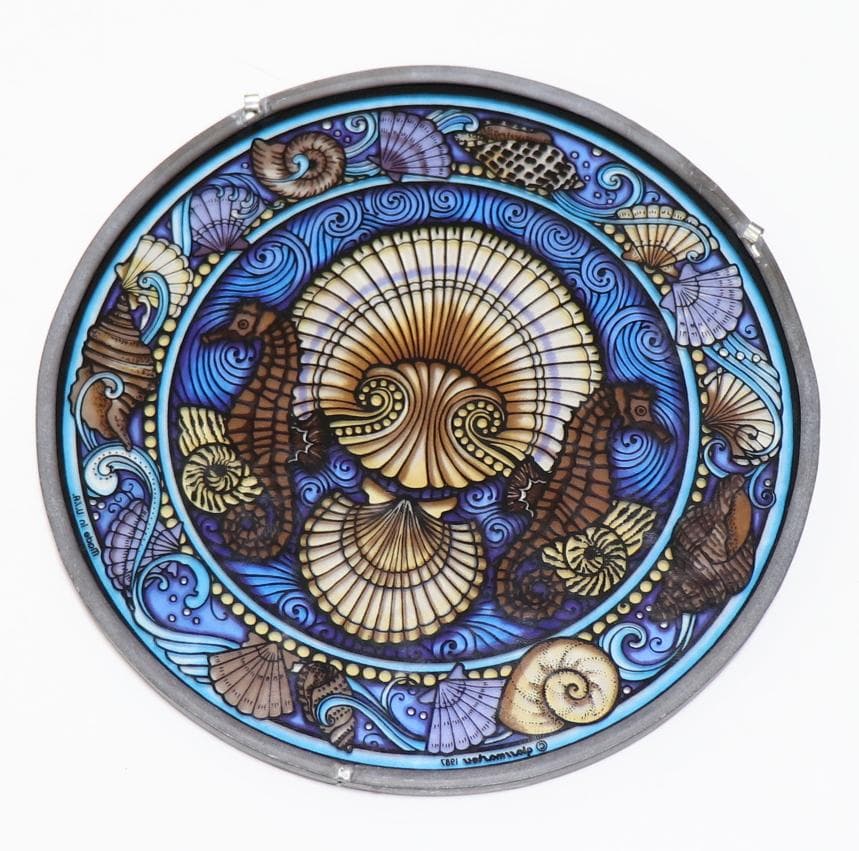 タツノオトシゴと貝殻 ヴィンテージ ステンドグラス 青 グラスマスターズ社 海