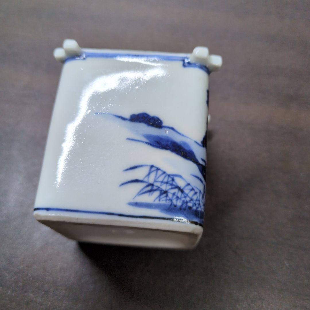 良*一様 川瀬竹春 作 染付 山水漁夫文 茶巾筒＆在銘 染付 花鳥文 箸立 2点