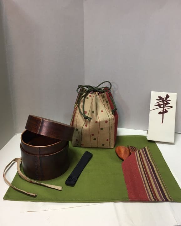 七点セット二段わっぱ　巾着　ポケット付きマット　木製ホーク&スープン　お箸バンド