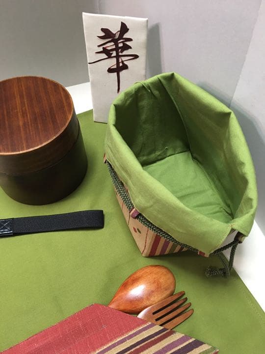 七点セット二段わっぱ　巾着　ポケット付きマット　木製ホーク&スープン　お箸バンド